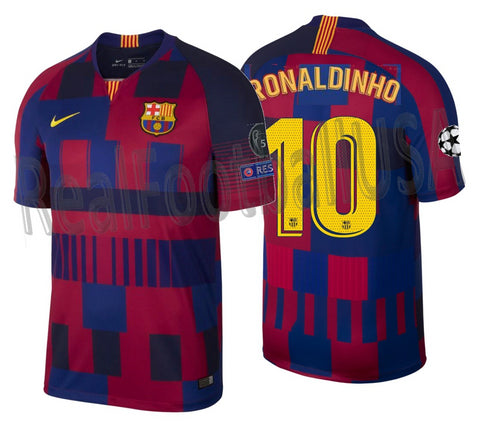 NIKE RONALDINHO FC BARCELONA 20TH ANNIVERSARY MASHUP UEFA CHAMPIONS LEAGUE HOME JERSEY 1999 -2019.