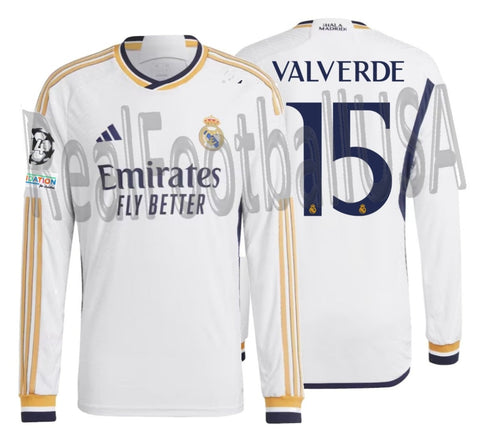 ADIDAS FEDERICO VALVERDE REAL MADRID UEFA CHAMPIONS LEAGUE AUTHENTIC MATCH LONG SLEEVE HOME JERSEY 2023/24 1