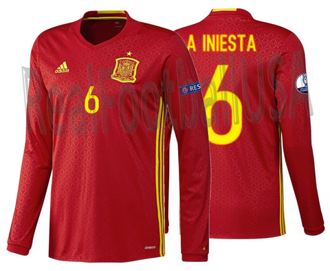 ADIDAS ANDRES INIESTA SPAIN LONG SLEEVE HOME JERSEY EURO 2016 PATCHES 1