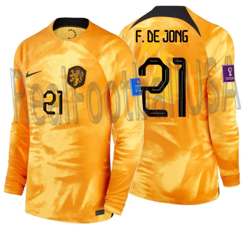 NIKE FRENKIE DE JONG NETHERLANDS LONG SLEEVE HOME JERSEY FIFA WORLD CUP 2022 PATCHES 1