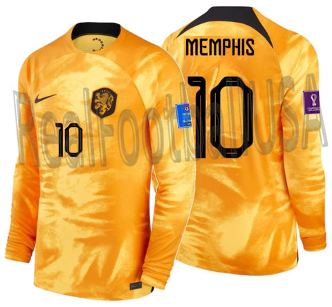NIKE MEMPHIS DEPAY NETHERLANDS LONG SLEEVE HOME JERSEY FIFA WORLD CUP 2022 PATCHES 1